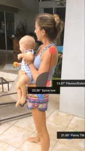 Increased swayback posture when standing with twenty pound load (aka her son).